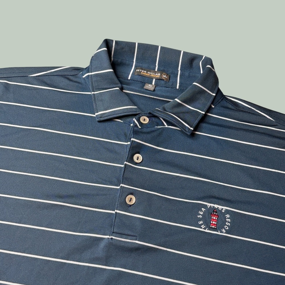 Peter Millar Polo Mens XL Summer Comfort Navy Blue Striped Sea Pines Resort Golf